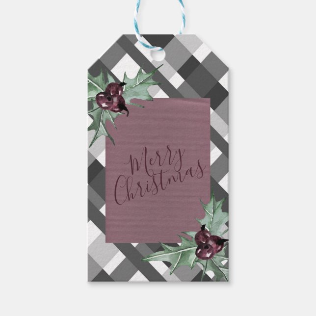 Gray Tartan Lila Floral Frohe Weihnachten Geschenkanhänger (Vorderseite)