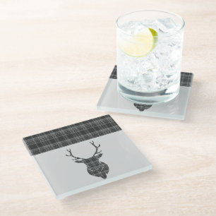Gray Tartan Pattern Stag Glasuntersetzer