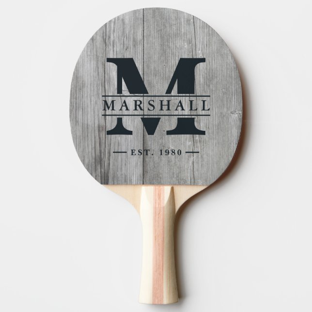 Gray Timber Monogram & Name Overlay Tischtennis Schläger (Rückseite)