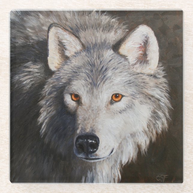 Gray Timber Wolf Face Portrait Glasuntersetzer (Vorderseite)