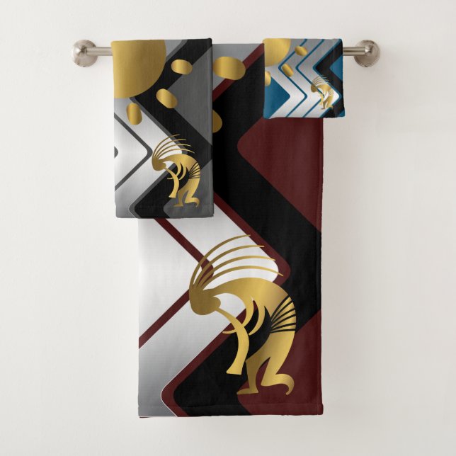 Gray Turquoise Southwestern Gold Kokopelli Badhandtuch Set (Insitu)