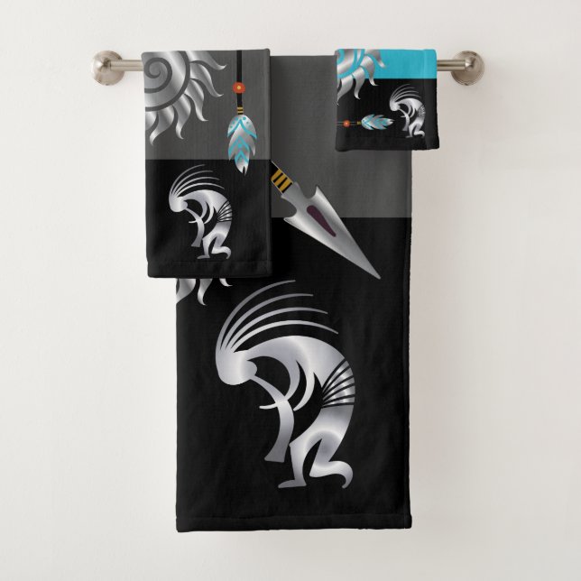 Gray Turquoise Southwestern Kokopelli Badhandtuch Set (Insitu)