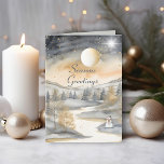 Gray Watercolor Mountain River Snowman Weihnachten Karte<br><div class="desc">Graue Watercolor Mountain River Snowman Weihnachtskarte. Diese wunderschöne Midnight Mountain River Card zeichnet sich durch ein atemberaubendes nächtliches Himmelsdesign aus, wobei "Seasons Gruß" auf elegante Weise vorne gezeigt wird. Innen kann man mit eigenen Begrüßungen und Familiennamen personalisiert sein. Die goldfarbenen und grauen Farbtöne, die in den Bergen inspiriert Details mit...</div>