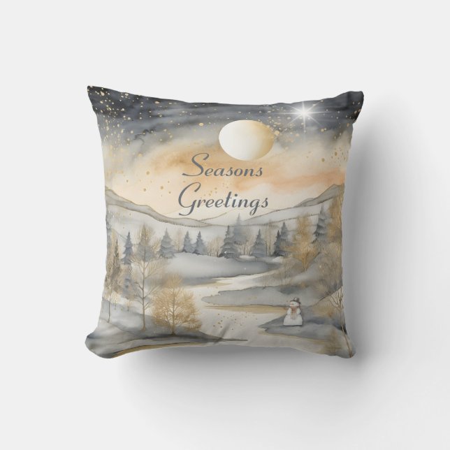 Gray Watercolor Mountain River Snowman Weihnachten Kissen (Vorderseite)