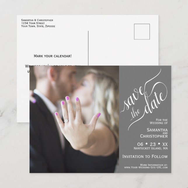 Gray Wedding Save the Date Foto & Calligrafy Ankündigungspostkarte (Vorne/Hinten)