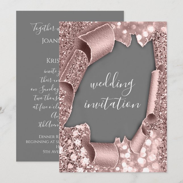 Gray White 3D Rose Gold Wedding Glitzer Einladung (Vorne/Hinten)