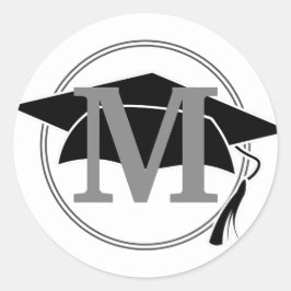 Gray White Black Graduation Cap Monogram Initial Runder Aufkleber