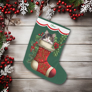 Gray White Cat Peeking Großer Weihnachtsstrumpf