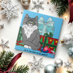 Gray White Christmas Kitten Fliese