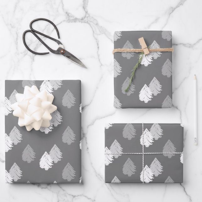 Gray White Christmas Tree Muster Geschenkpapier Set (Vorderseite)