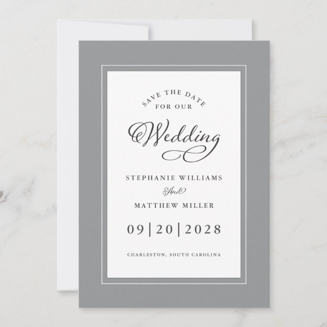 Gray White Elegant Hochzeitschick-Skriptgrenze Save The Date (Vorderseite)