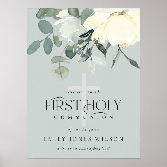 GRAY WHITE FLORAL First HOLY COMMUNION WILLKOMMEN Poster (Vorne)