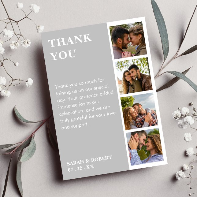 Gray & White Foto Booth Collage Wedding Dankeskarte (Grey & White Photo Booth Collage Wedding Thank You Card)