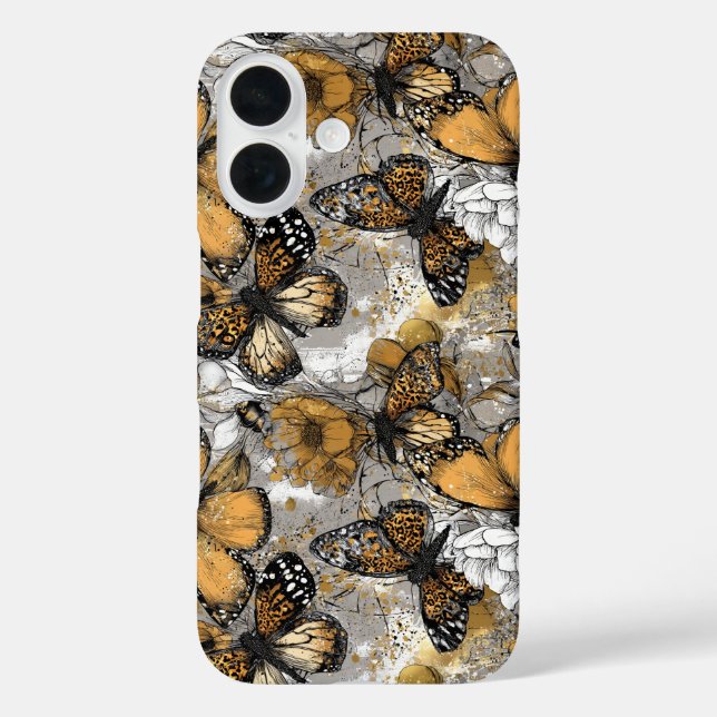 Gray White Gold Floral Butterflies Elegant iPhone 16 Hülle (Rückseite)