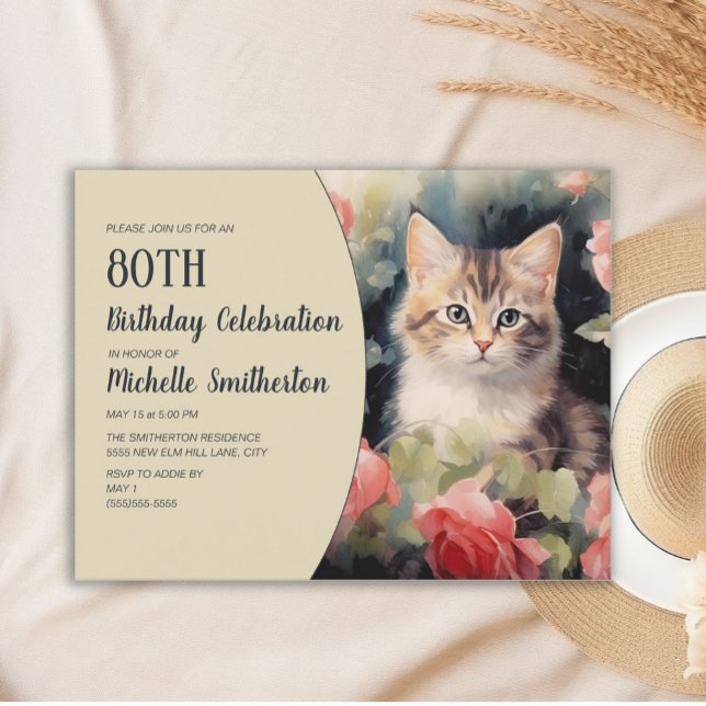 Gray White Kitten 80. Geburtstag Einladung (Cute gray and white kitten watercolor 80th birthday party invitation)