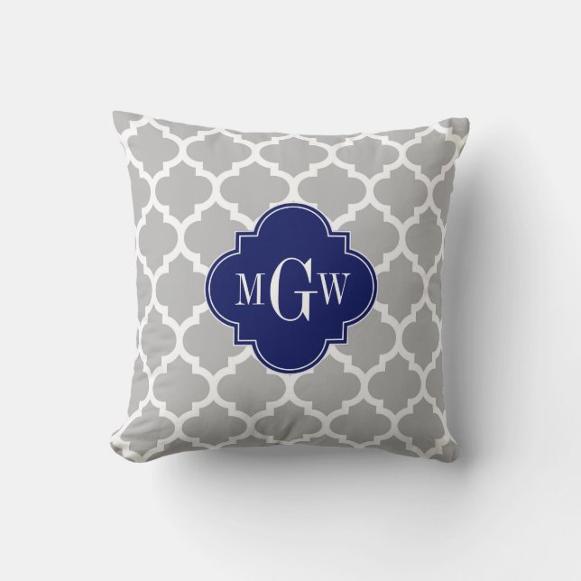 Gray White Marokcan #5 Navy 3 Initial Monogram Kissen (Vorderseite)