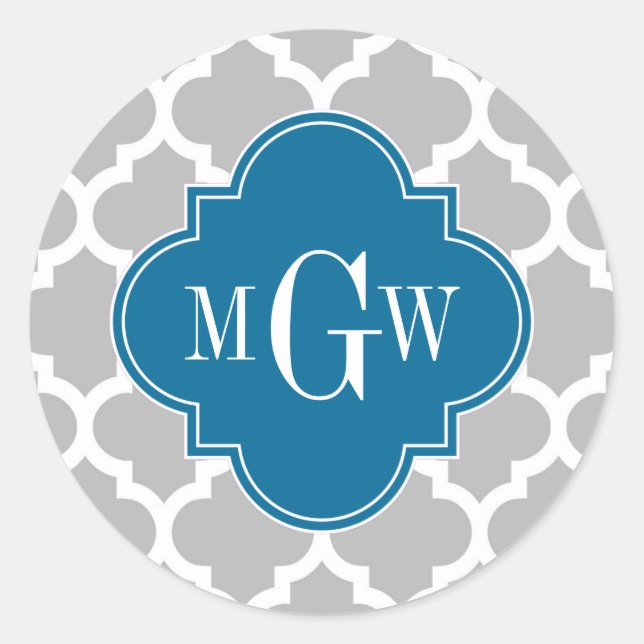 Gray White Marokcan #5 Peacock 3 Initial Monogram Runder Aufkleber (Vorderseite)