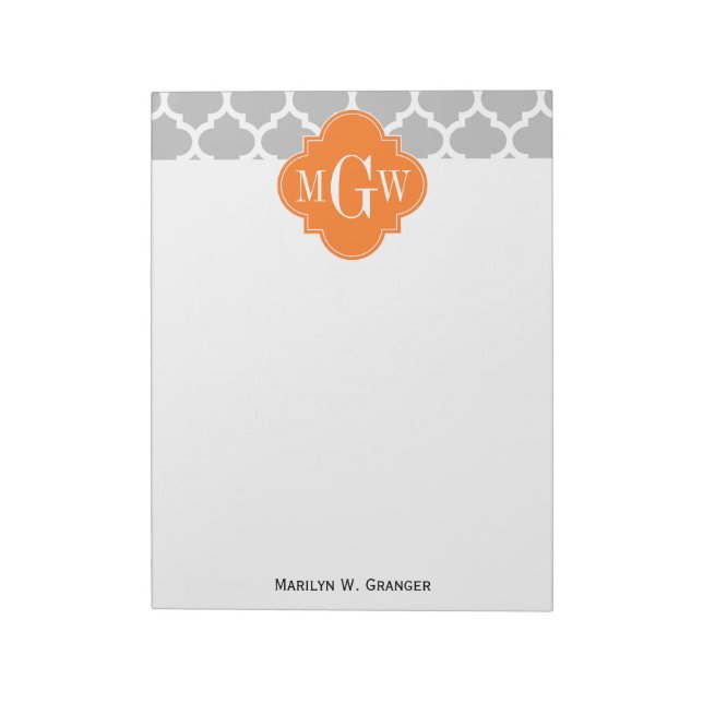 Gray White Marokcan #5 Pumpkin 3 Initial Monogram Notizblock (Rotiert)