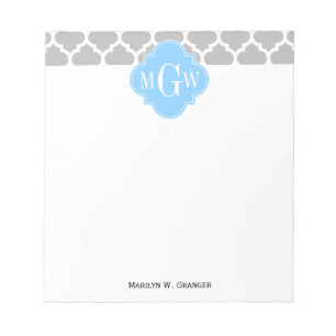 Gray White Marokcan #5 Sky Blue 3 Initial Monogram Notizblock