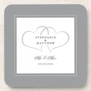 Gray & White Wedding Mr & Mrs. Elegant Chic Hearts Getränkeuntersetzer