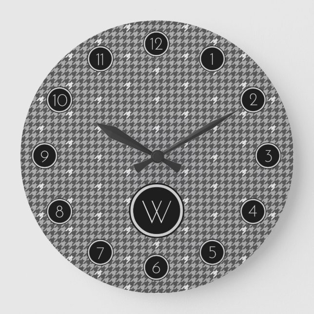 Gray with Silver Accent Houndstooth Clock Große Wanduhr (Vorderseite)