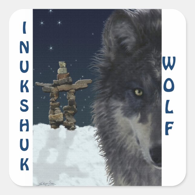 GRAY WOLF & ARCTIC INUKSHUK Wildlife Supporter Art Quadratischer Aufkleber (Vorderseite)