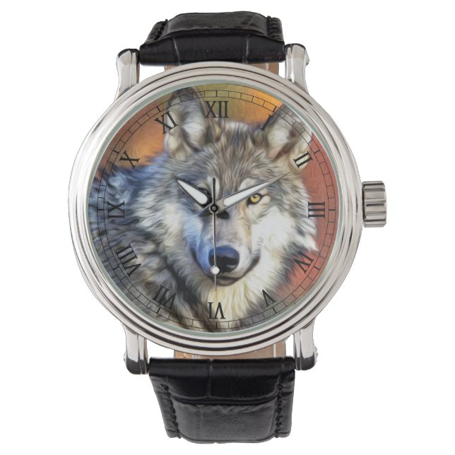 Gray Wolf Art Painting Armbanduhr (Vorderseite)