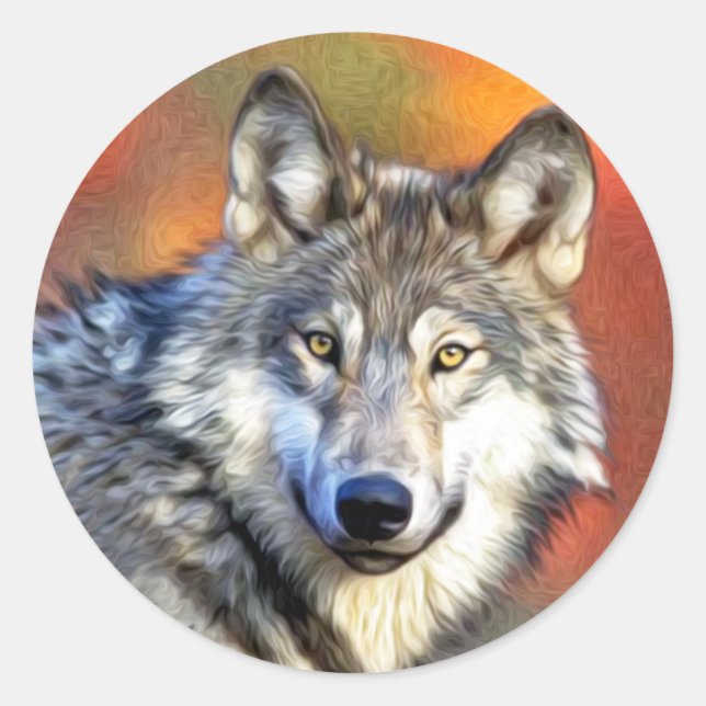 Gray Wolf Art Painting Runder Aufkleber (Vorderseite)
