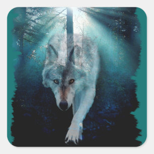 GRAY WOLF & FOREST Wildlife Series Quadratischer Aufkleber