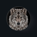 Gray Wolf Geometric Portrait Button<br><div class="desc">Dieser geometrische Wolf stellt ihre Herausforderung. Ein echter Alpha, der ihrem Rudel treu ist. Sie ist gefährlich für jeden außerhalb ihres Wolfsacks. Das geometrische Muster verleiht diesem rauen und wilden Tier das Aussehen eines Haushundes, des besten Freundes des des Menschen. Aber sie ist nicht zahm, sie ist genauso wild wie...</div>