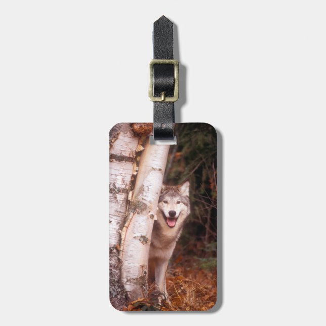 Gray Wolf Hinter einem Baum Gepäckanhänger (Vorderseite vertikal)