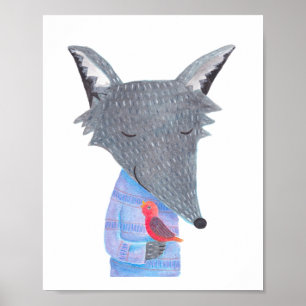 Gray Wolf Red Bird Woodland Illustration Poster