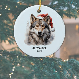 Gray Wolf Red White Weihnachtsmannmütze Personalis Keramik Ornament