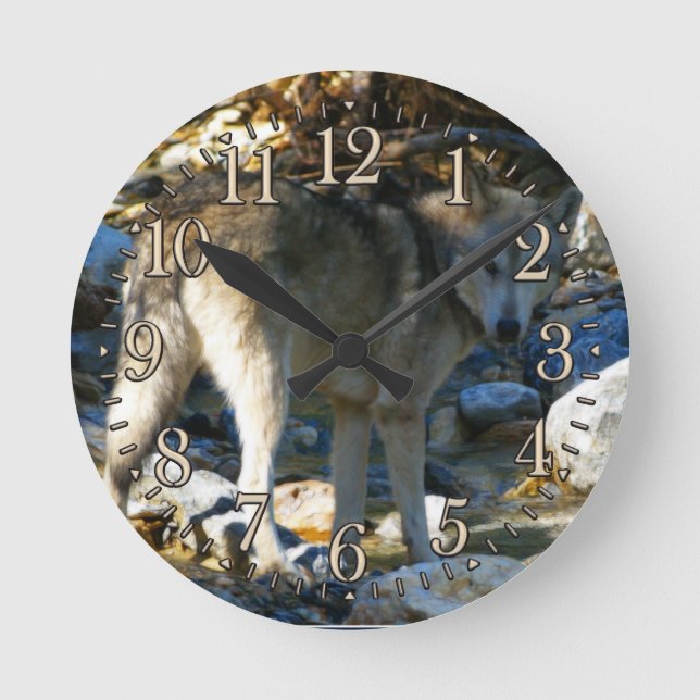 Gray Wolf & Stony Creek Foto Clock Runde Wanduhr (Vorderseite)