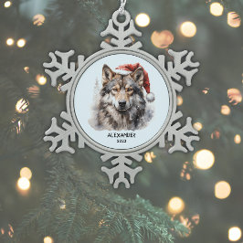Gray Wolf Weihnachtsmannmütze Personalisiert Schneeflocken Zinn-Ornament
