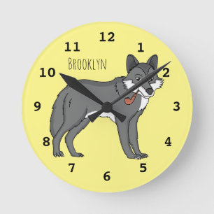 Gray wolf with pipe cartoon illustration runde wanduhr