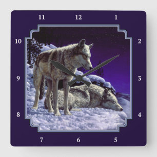 Gray Wolves in Winter Snow at Night Quadratische Wanduhr