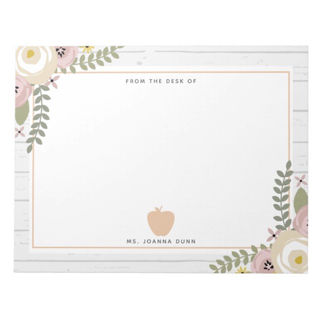 Gray Wood Dusty Floral Pink Apple Lehrer Notizblock (Vorderseite)