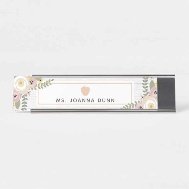 Gray Wood Dusty Floral Teacher Namplate Schreibtischnamensplakette (Vorderseite )