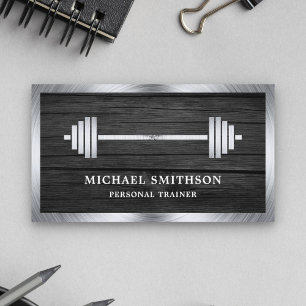 Gray Wood Steel Barbell Fitness Personal Trainer Visitenkarte