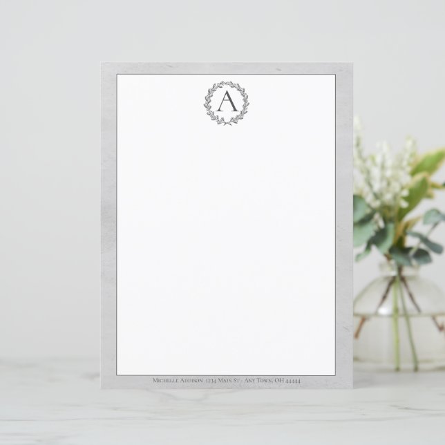 Gray Wreath Monogram Stationery (Stehend Vorderseite)