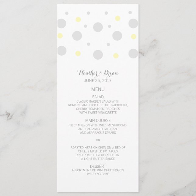 Gray Yellow Confetti Wedding Menu Menükarte (Vorderseite)