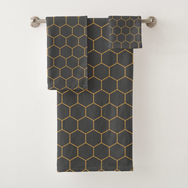 Gray Yellow Honeycomb Hexagon Pattern Trendy Manly Badhandtuch Set (Insitu)