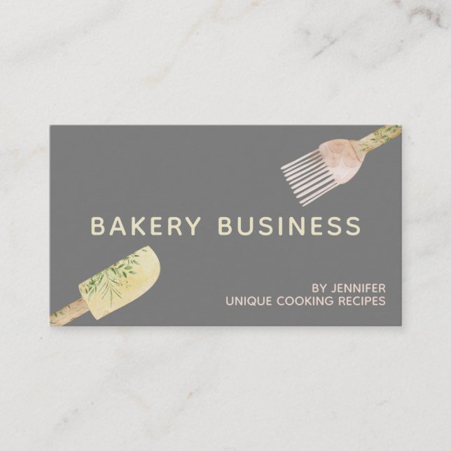 Gray Yellow Pink Pastry Watercolor leaf spoon Visitenkarte (Vorderseite)
