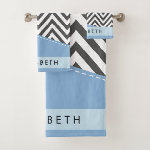 Gray Zigzag, grau Zickzack, blau, Ihr Name Badhandtuch Set