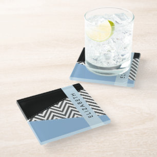 Gray Zigzag, grau Zickzack, blau, Ihr Name Glasuntersetzer