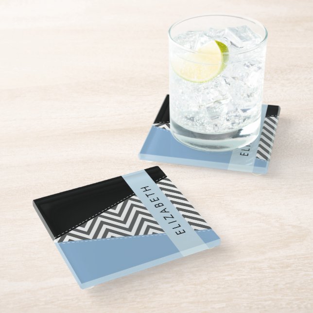 Gray Zigzag, grau Zickzack, blau, Ihr Name Glasuntersetzer (Schrägansicht)