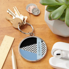 Gray Zigzag, grau Zickzack, blau, Ihr Name Schlüsselanhänger
