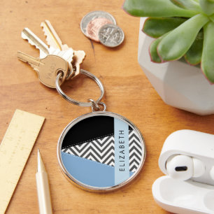 Gray Zigzag, grau Zickzack, blau, Ihr Name Schlüsselanhänger