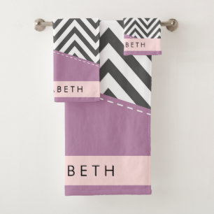 Gray Zigzag, grau Zickzack, Lila, Ihr Name Badhandtuch Set